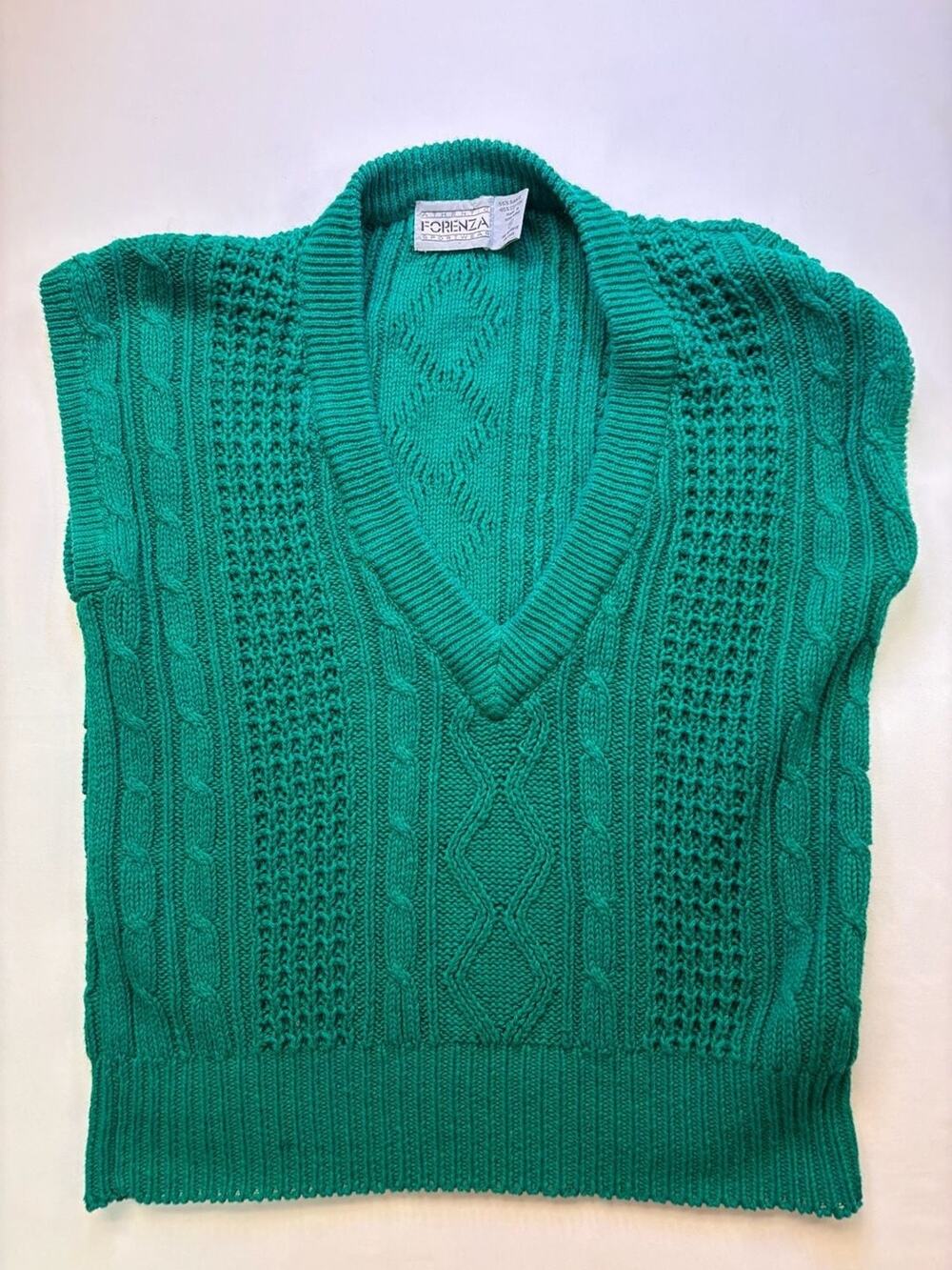 Vintage Forenza Sportswear Green Cable Knit V-Neck Sweater Vest